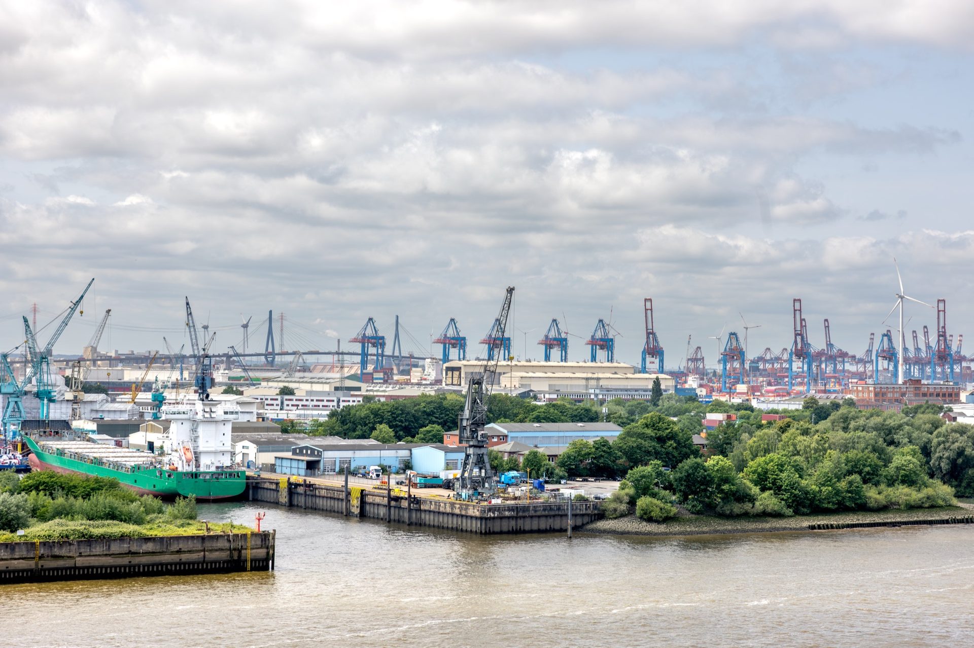 Port cranes and container ship